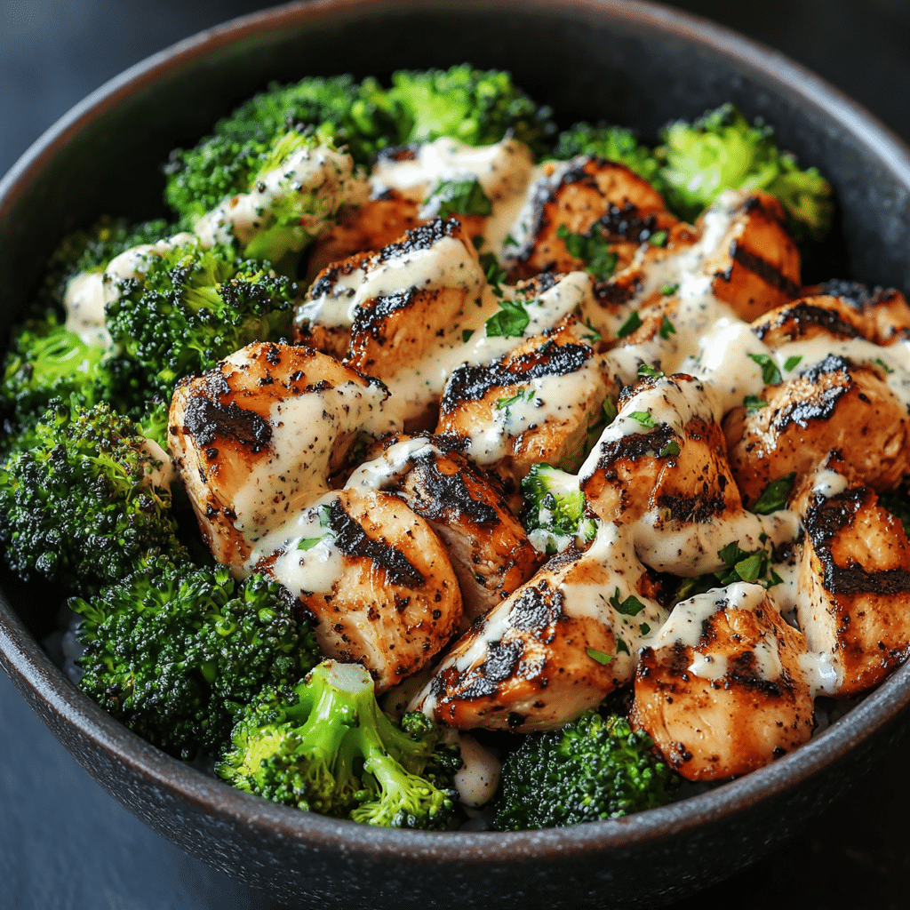 Grilled Chicken & Broccoli Bowls with Creamy Garlic Sauce