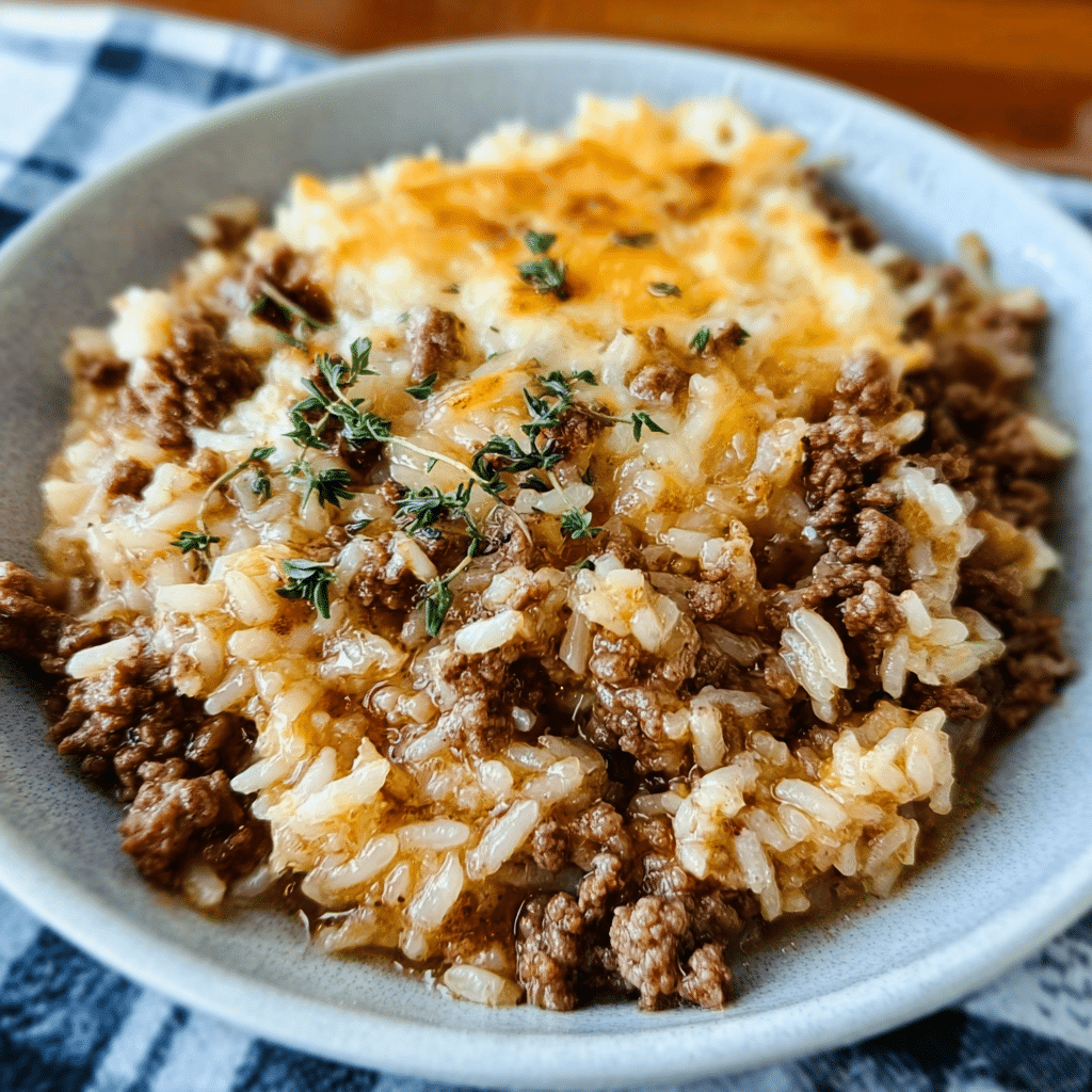 French Onion Ground Beef and Rice Casserole