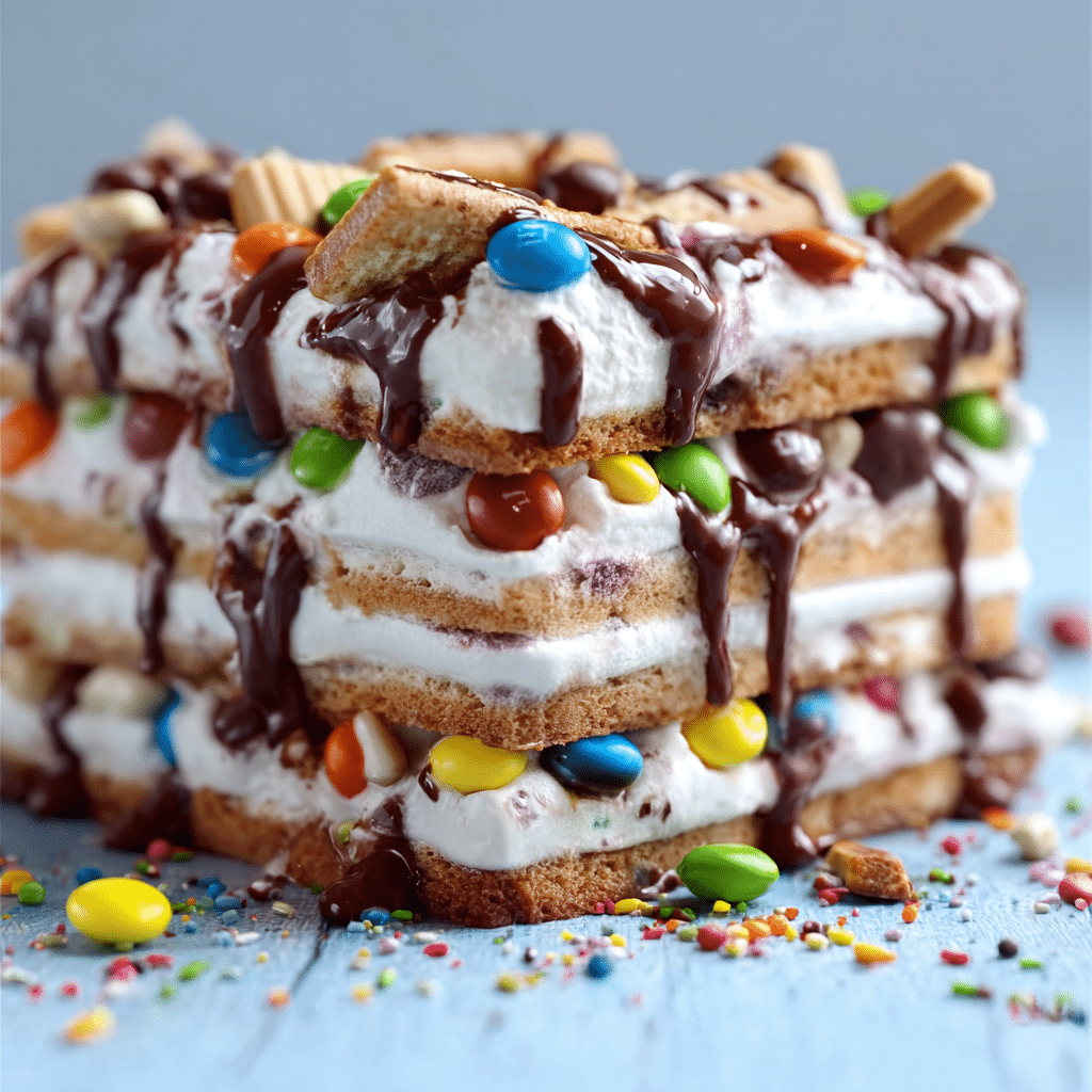 Easy M&M Ice Cream Sandwich Cake