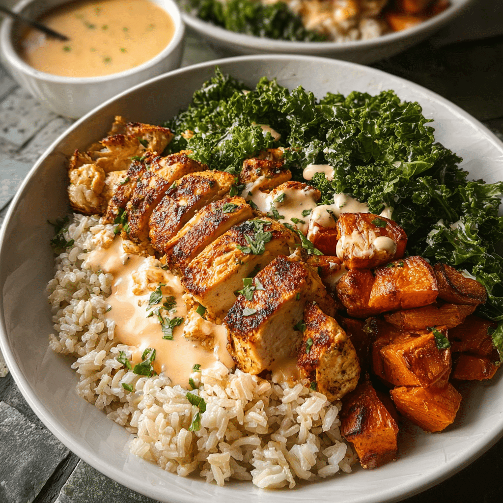 Roasted Sweet Potato, Chicken, Kale, and Rice Bowls for Two