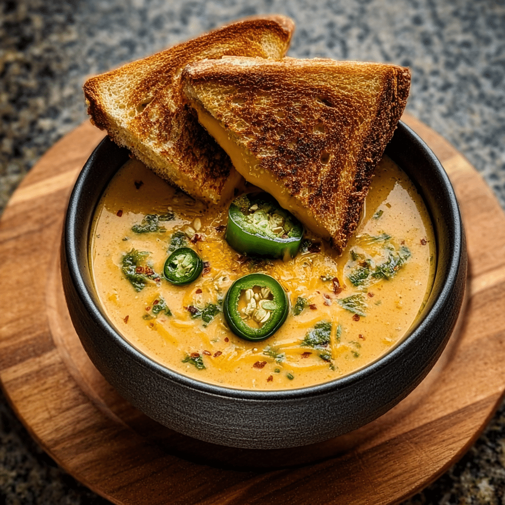 Spicy Jalapeño Popper Soup with Grilled Cheese Dippers
