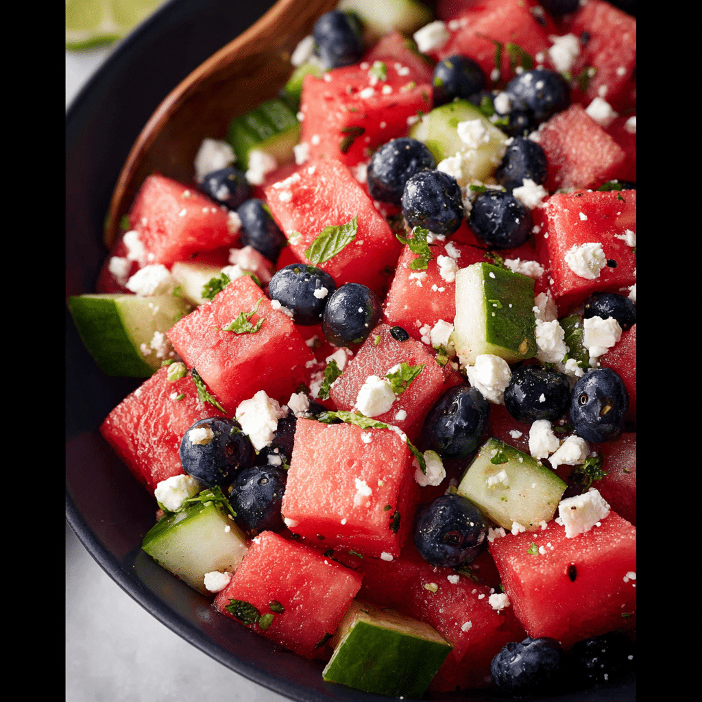 Watermelon Feta Salad with Cucumber and Blueberries