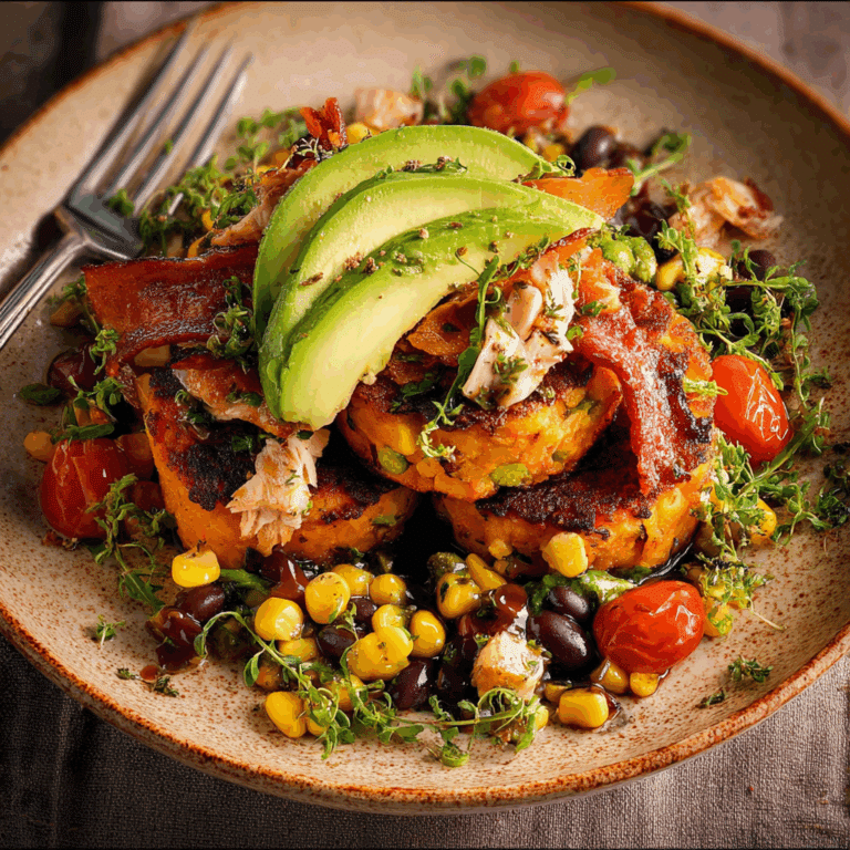 Sweet Potato & Corn Cakes with Tamarind Bacon & Avocado