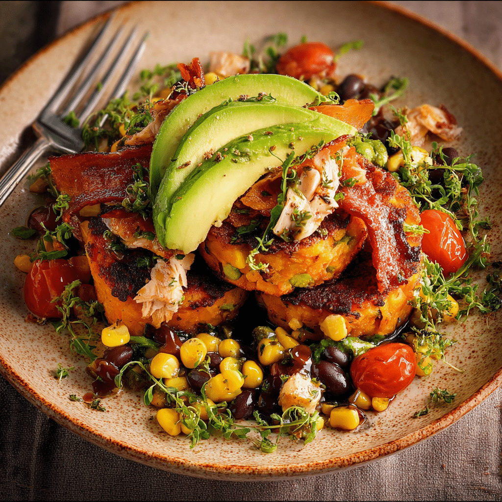 Sweet Potato & Corn Cakes with Tamarind Bacon & Avocado