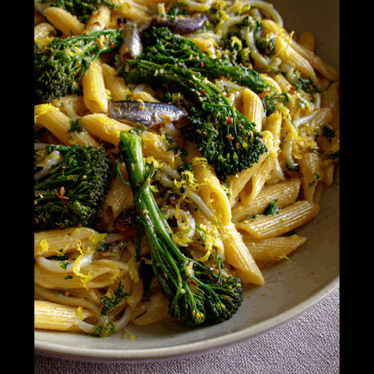 Pasta & Purple Sprouting Broccoli with Anchovies, Garlic & Preserved Lemon