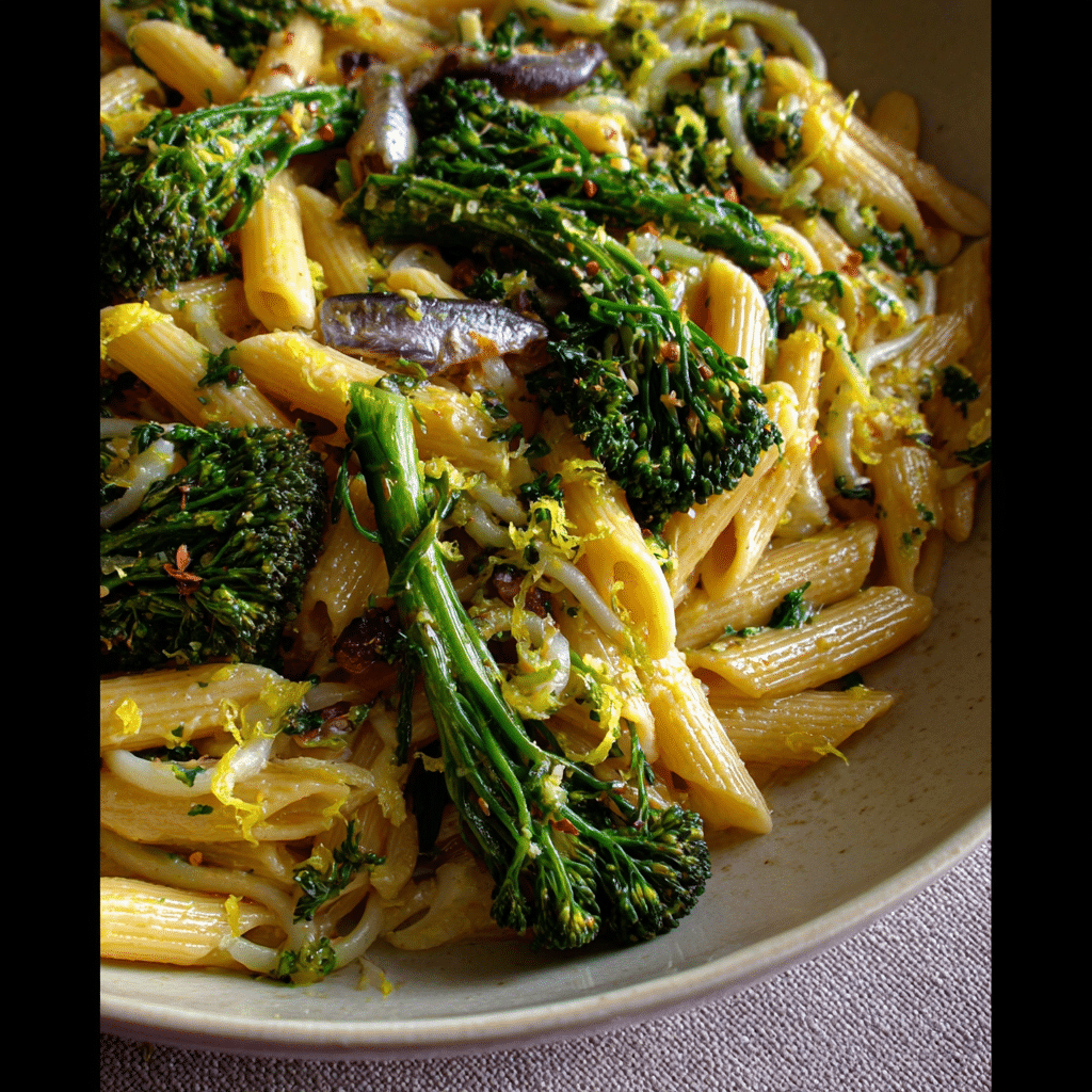 Pasta & Purple Sprouting Broccoli with Anchovies, Garlic & Preserved Lemon