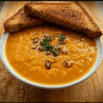 Tikka Red Lentil Soup and Mango Chutney Onion Cheese Toasties