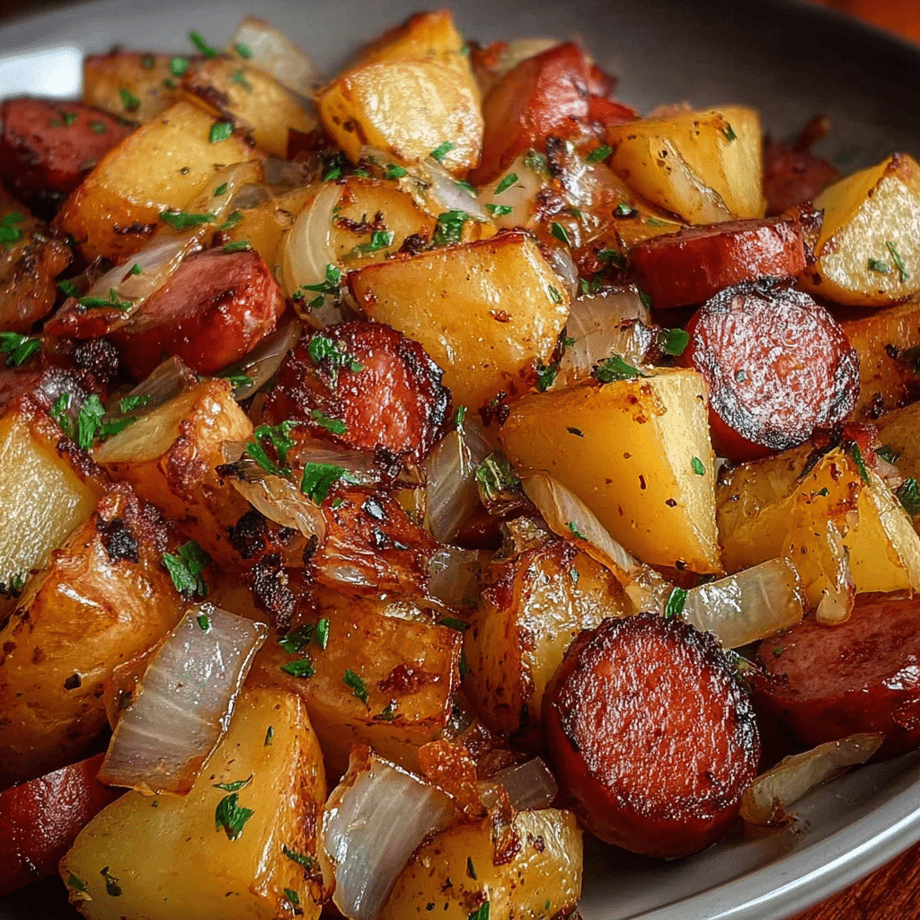 Fried Potatoes, Onions, and Smoked Polish Sausage
