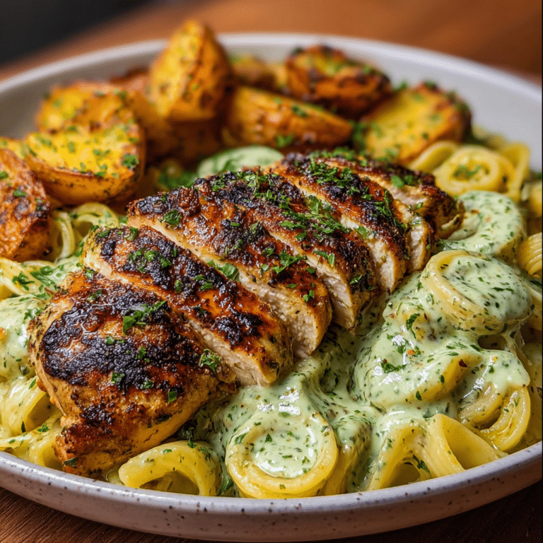 Loaded Herb Grilled Chicken with Creamy Pesto Pasta & Roasted Potatoes