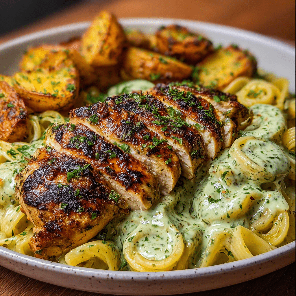 Loaded Herb Grilled Chicken with Creamy Pesto Pasta & Roasted Potatoes