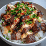 BBQ Steak Rice Bowls with Spicy Cream Sauce