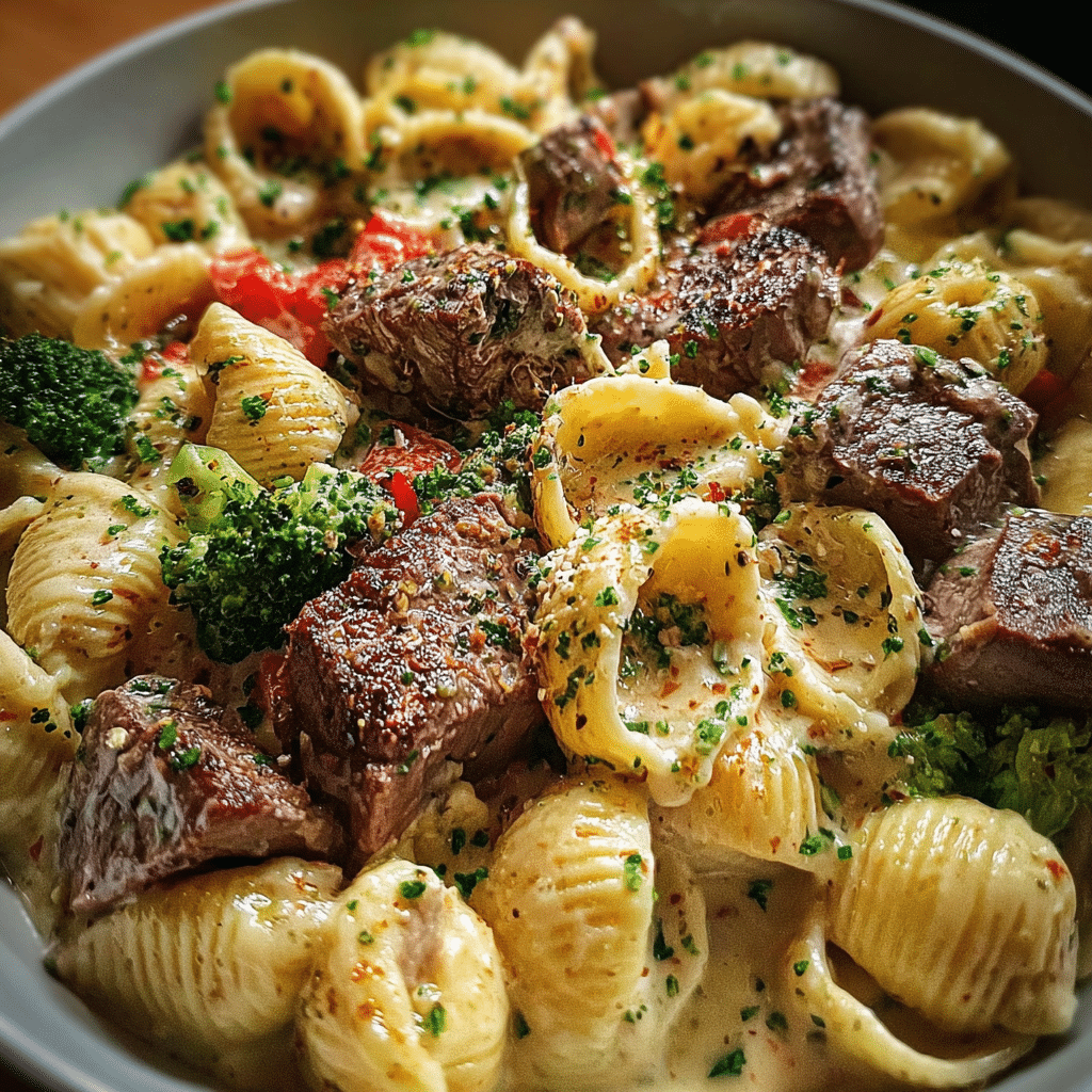 Cheesy Garlic Steak Shells with Broccoli & Peppers Recipe