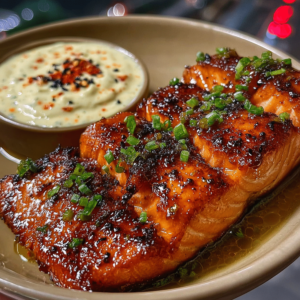 Sticky Honey Butter Salmon with Creamy Chili Dip