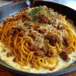 Cajun Beef Spaghetti in Creamy Three-Cheese Parmesan Sauce
