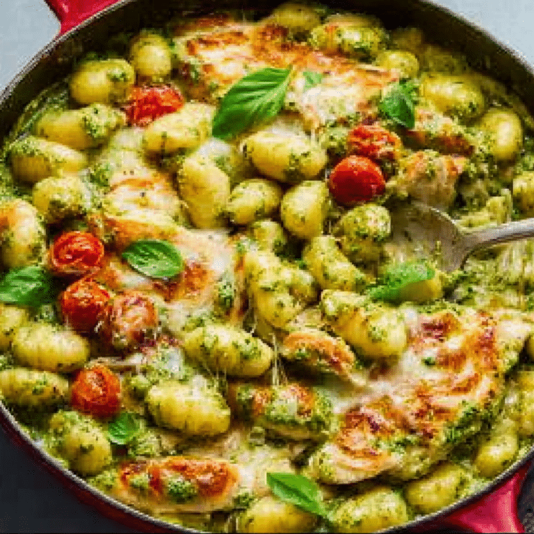 Cheesy Skillet Pesto Chicken Gnocchi Bake