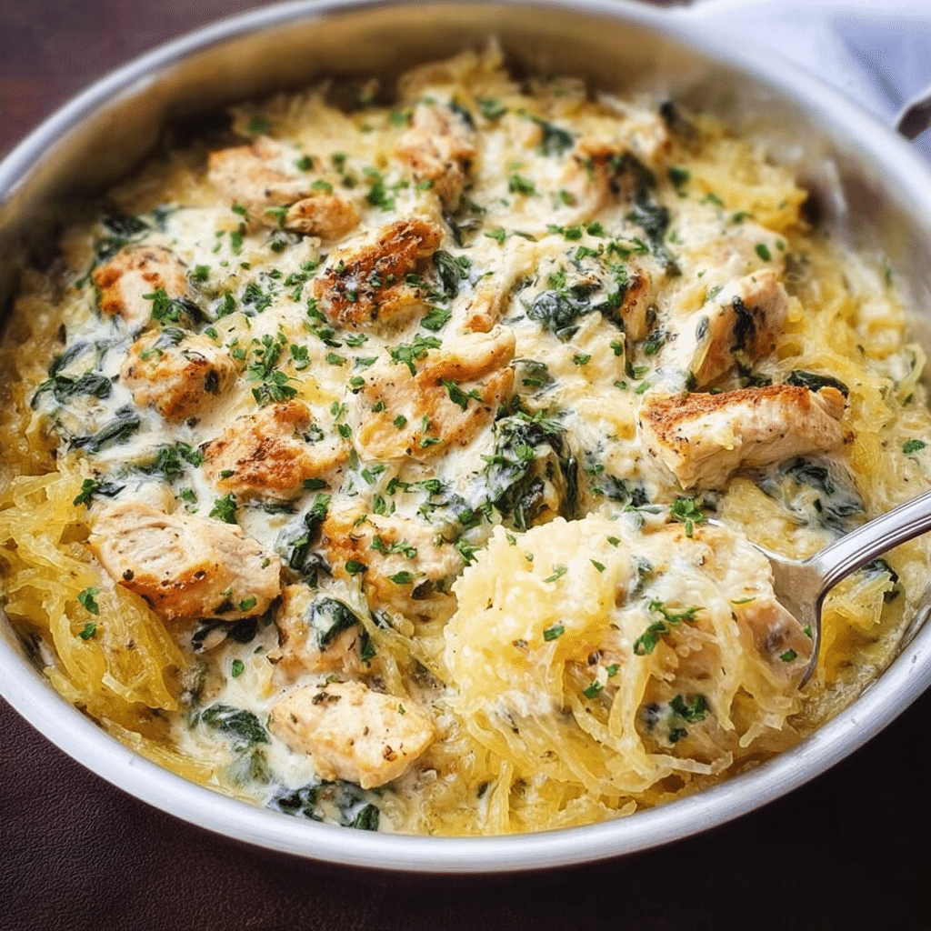 Chicken and Spinach Spaghetti Squash Alfredo