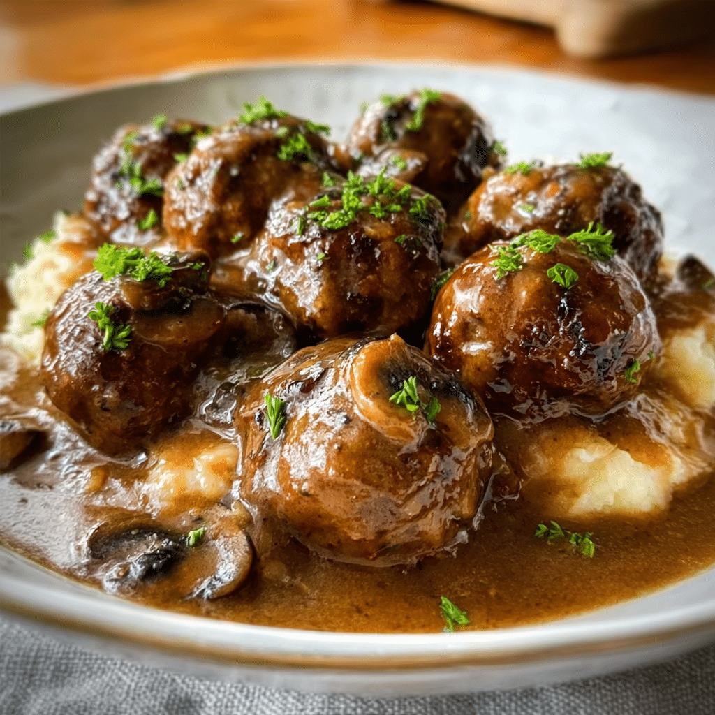 Slow Cooker Salisbury Steak Meatballs with Mushroom Gravy