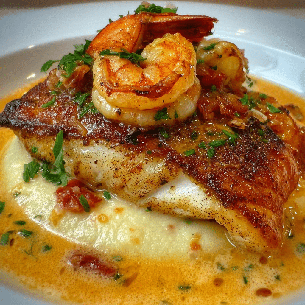 Red Snapper, Shrimp & Grits with Cajun Cream Sauce