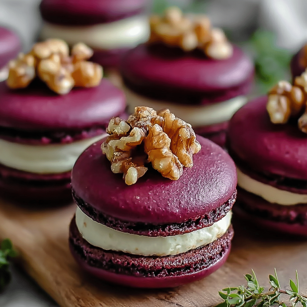 Savory Beet Macarons with Goat Cheese & Walnut Crunch